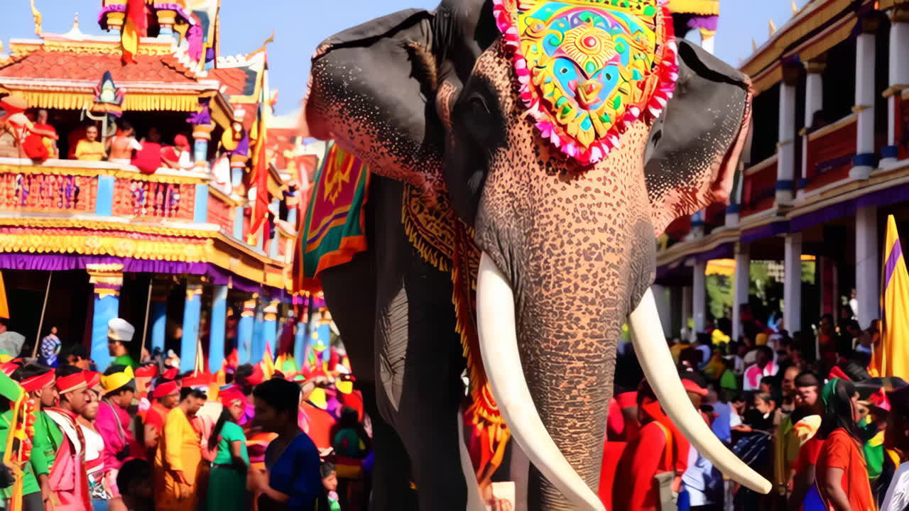 Un majestuoso elefante decorado participando en un desfile de festival cultural colorido con una multitud de personas