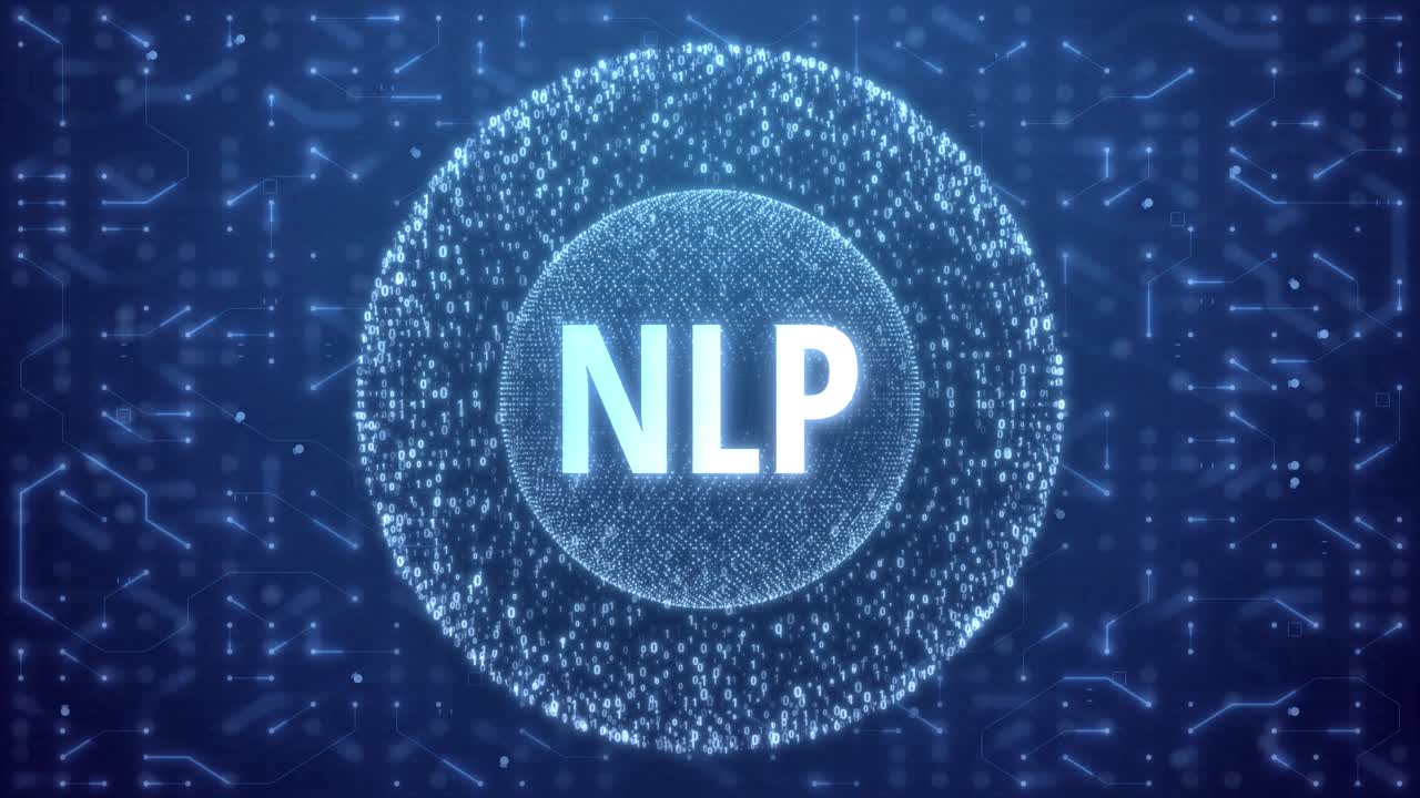 NLP Concept over Matrix sphere on circuitry background. random numbers in form of sphere over circuit blue background