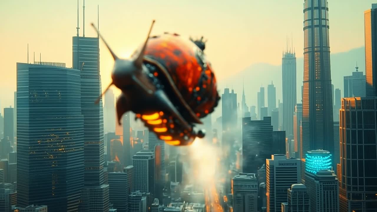 Snail gliding above a city. A massive snail flies above a high-tech metropolis at sunset, showcasing incredible technology and architecture.