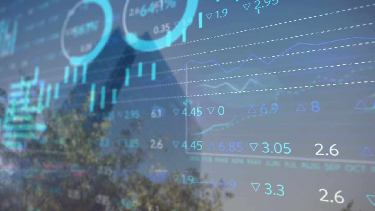 animación del procesamiento de datos financieros sobre el paisaje urbano