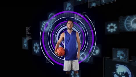 Animation-of-caucasian-male-basketball-player-over-scope-scanning-on-black-background