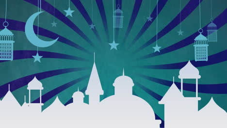 animation of lanterns and stars with city silhouette over stripes on green background