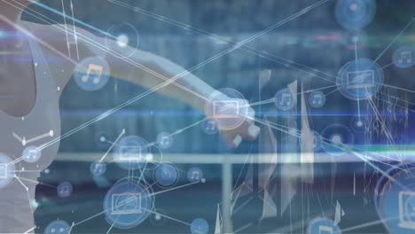 animation of network of connections over caucasian female consultant working in laboratory