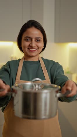 Portrait-of-a-happy-brunette-Indian-girl-in-a-green-sweater-and-beige-apron-holding-a-gray-shiny-pan-in-her-hands-in-a-modern-kitchen-in-a-modern-apartment