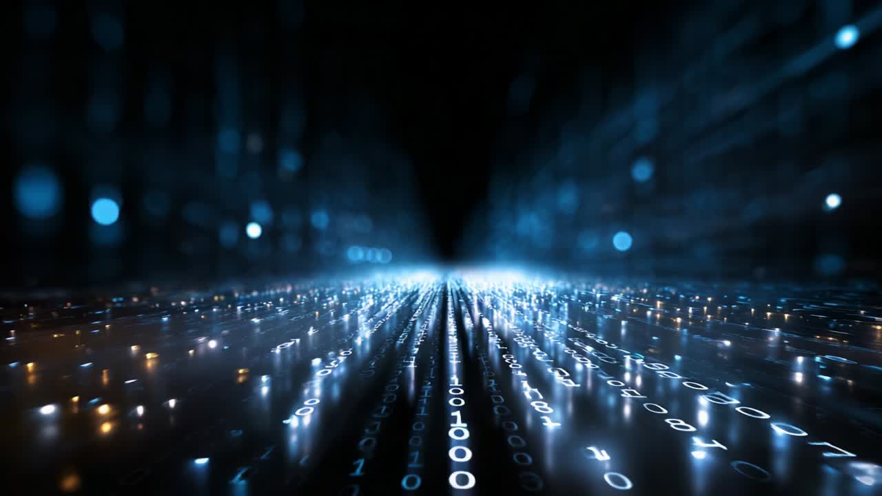 A mesmerizing digital landscape depicting the flow of binary code, illustrated through a captivating visual manifested in vibrant blue hues and radiant light particles, conveying the essence of data streaming continuously forward