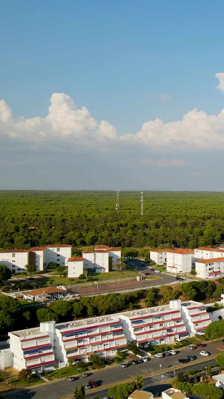 Toma aérea cinematográfica que muestra la hermosa localidad de El Rompido, España, anidada junto a un vasto bosque de pinos verde bajo un cielo azul claro. Perfecta para proyectos de viajes, naturaleza o bienes raíces