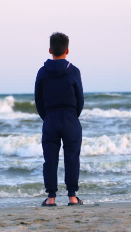 teenage boy looking at the sea. backside view of a child in clothes standing on a sandy beach near the sea and looking on waves in summer evening. vertical video
