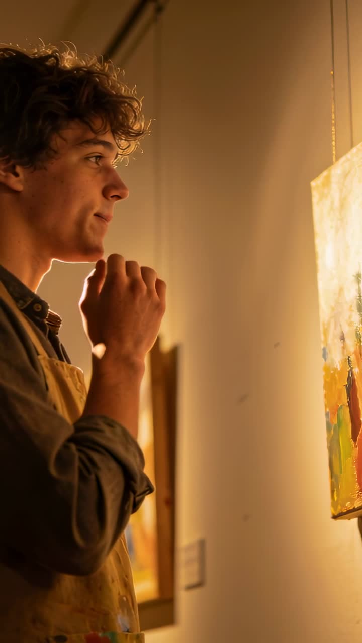 Video verticale: Veduta di un artista uomo con un grembiule che studia una tela in galleria, luce che attira l'occhio per la mostra