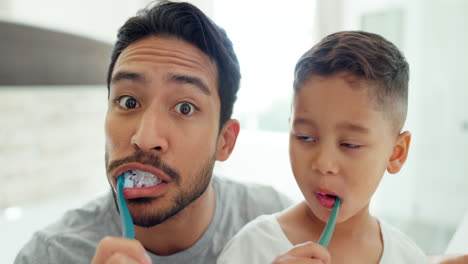 face, father and kid brushing teeth in home