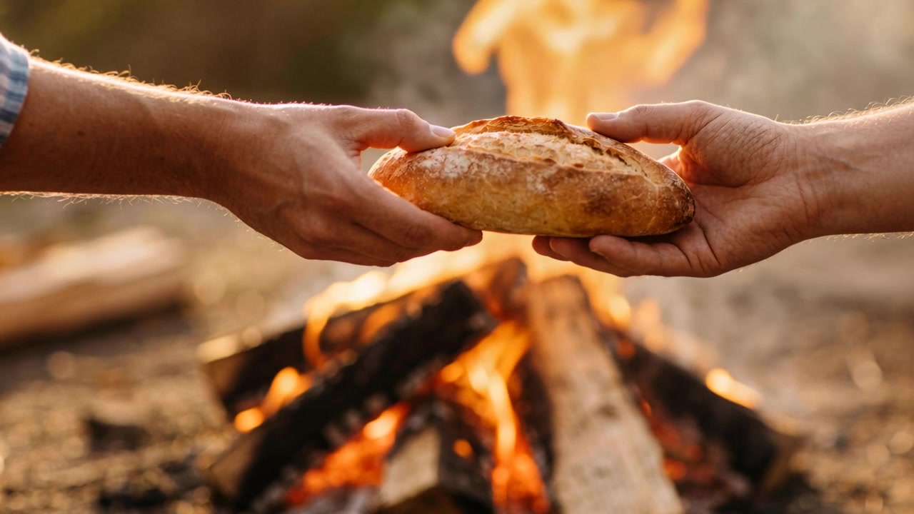 Passing two hands moving loaf at campfire, right-hand offering with striped cuff sharing meal