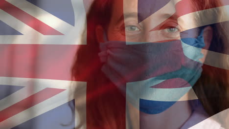 bandera británica ondeando contra una mujer con una máscara facial