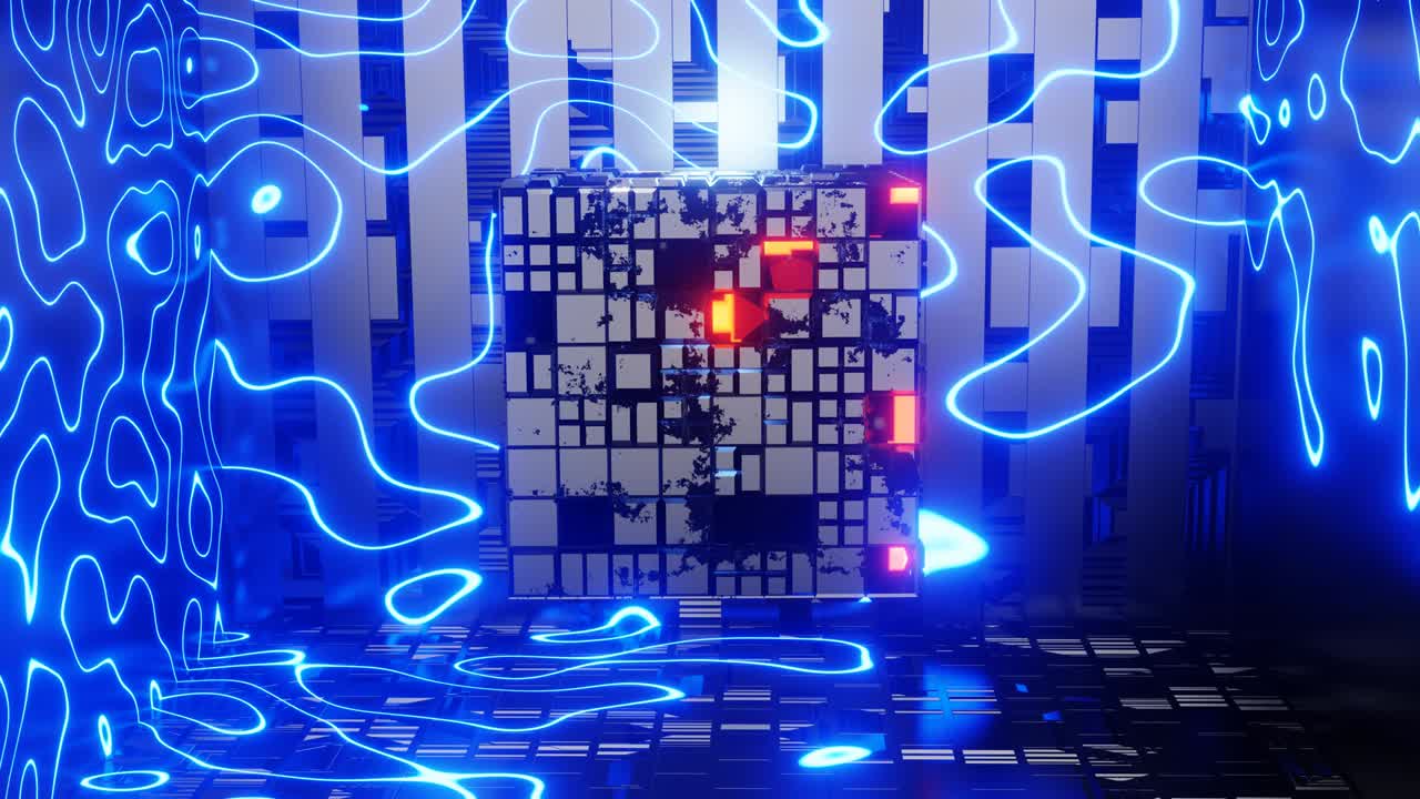 4k 3d 애니메이션: 중앙에 반이는 에너지를 가진 공상 과학 물체 회전 금속 구