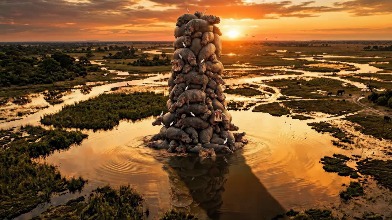 Surreal Tower of Hippos in African Wetlands at Golden Sunset