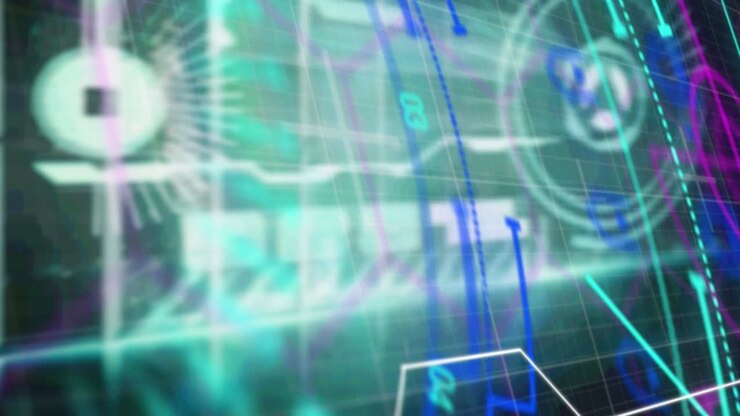 Neon round scanner spinning against digital interface with data processing against green background