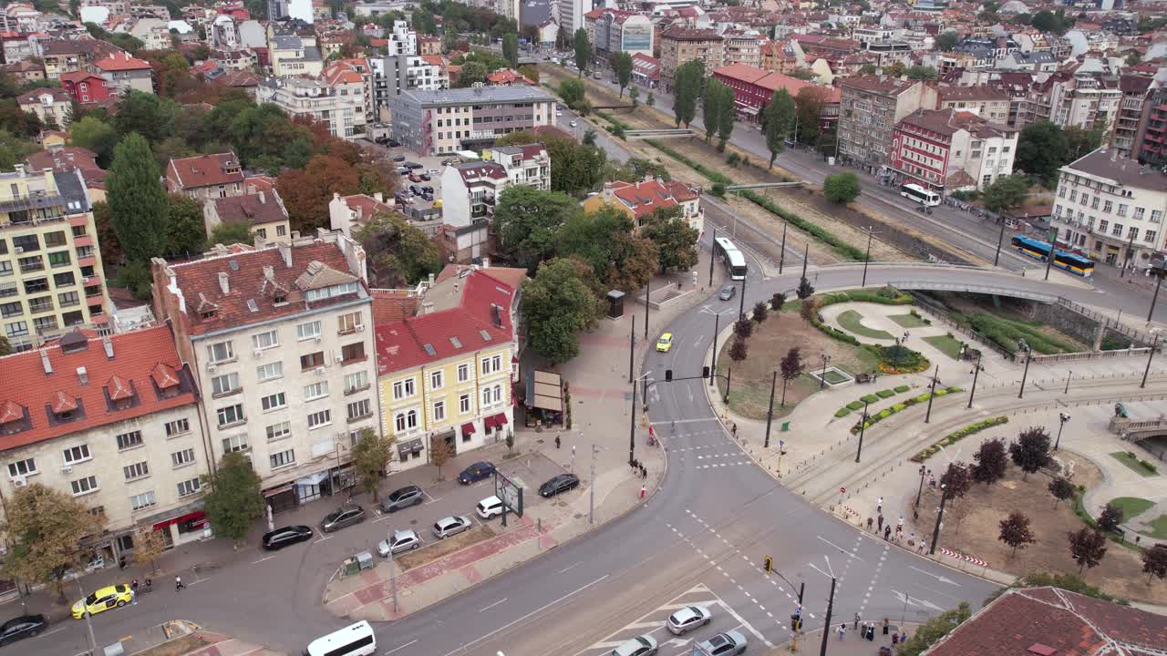 Sofia, Bulgaria. Aerial View of Downtown Traffic, Lions Bridge Roundabout and Slivnitsa Boulevard