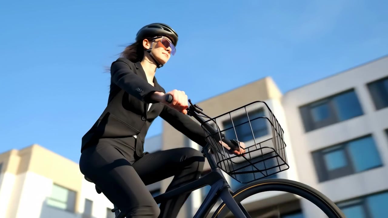 Pendolare adulto in abito nero sartoriale pedala in bicicletta in città da un punto di vista basso anteriore sinistro, mani che stringono il manubrio, cestino anteriore in filo metallico visibile, con una moderna facciata di ufficio e luce diurna brillante.
