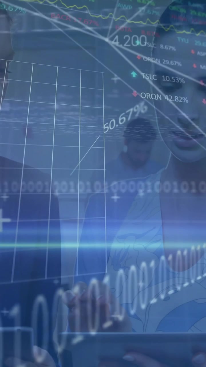 Animation of financial data processing over diverse business people in office