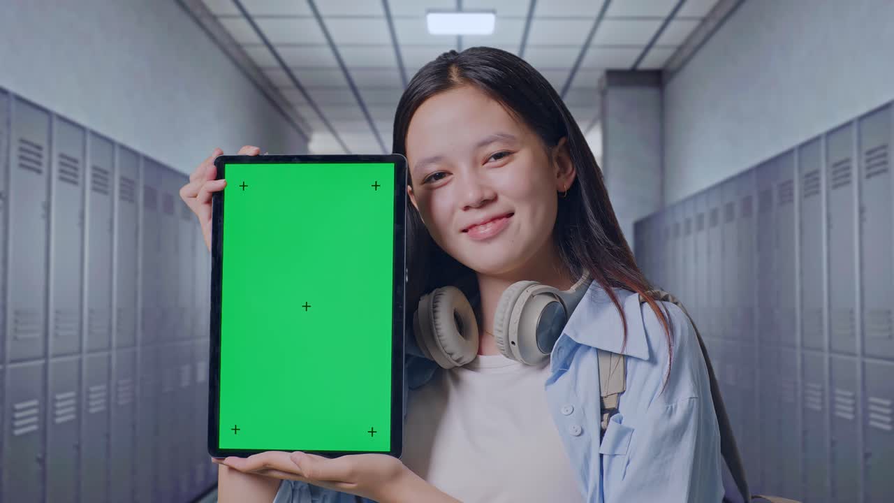 복도에 서 있는 동안 카메라에 녹색 화면 태블릿을 보여주고 미소 짓는 배을 가진 아시아 십대 소녀 학생의 클로즈업