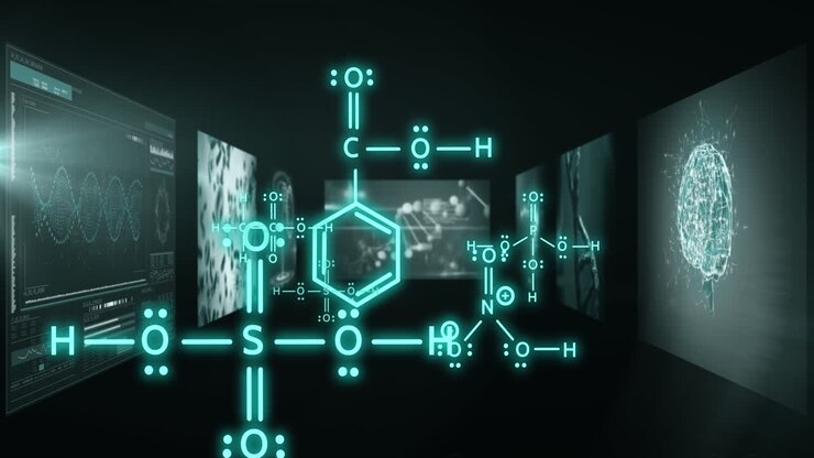 Animation of mathematical formulae and scientific data processing over screens on black background