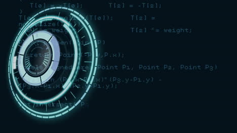 digital animation of neon round scanner against data processing on blue background