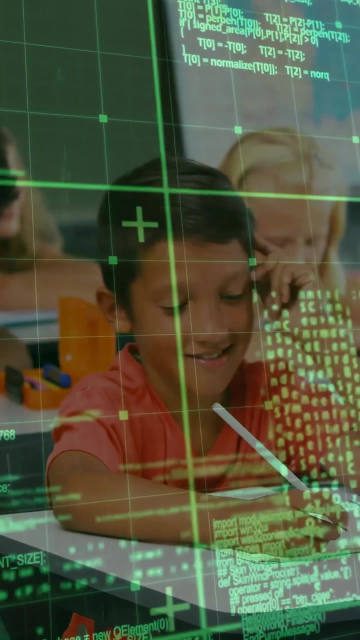 Vertical video: Boy starting classwork and writing with pencil, green code overlay shifting