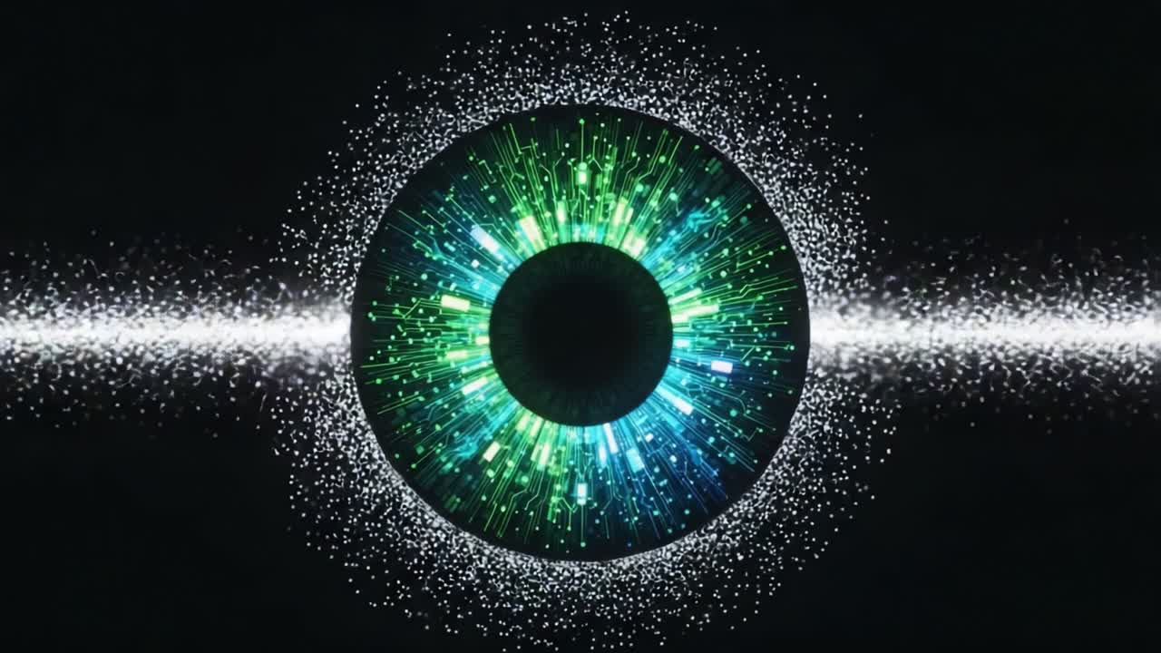 Mesmerizing Visual of an Eye-like Structure Surrounded by Vibrant Particles Highlighting Depth and Technology in a Dynamic Digital Creation