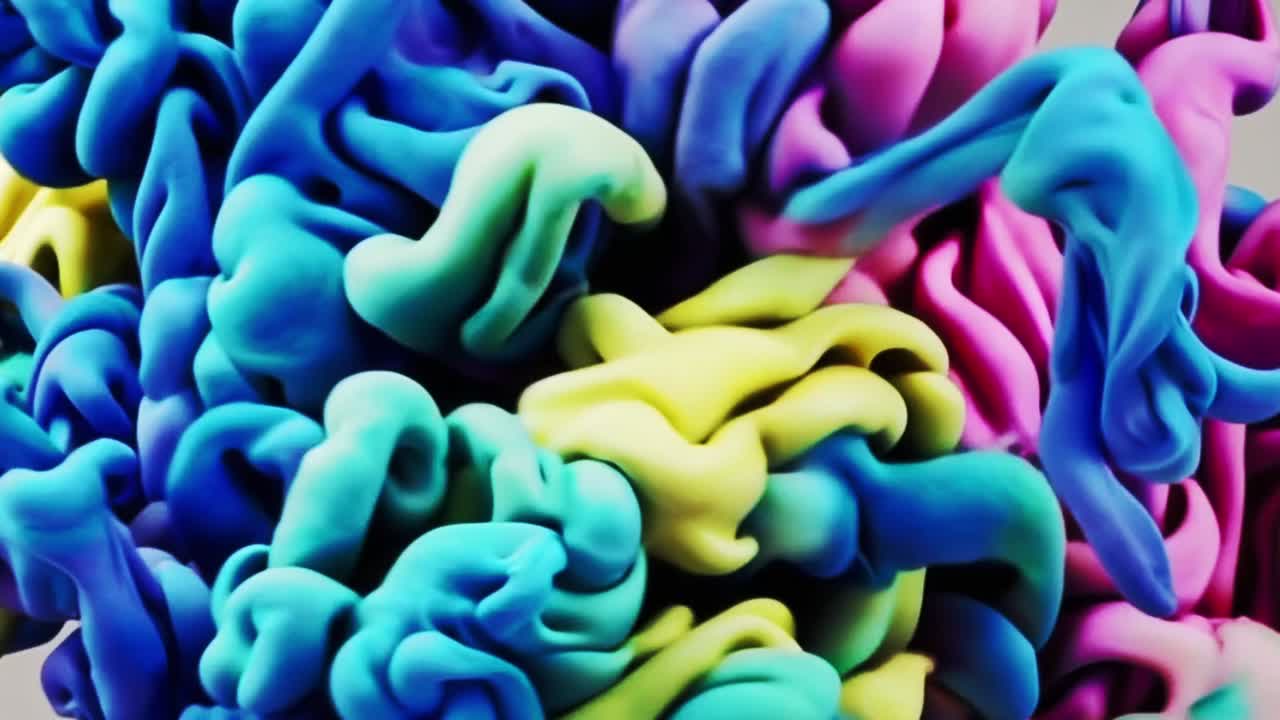 Colorful fluid motion sequence showcasing vibrant swirls of blue, pink, and yellow, illustrating dynamic interactions and transformations in a mesmerizing abstract display