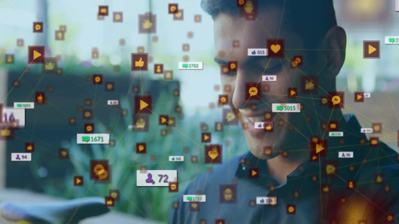 Man tapping smartwatch beside bicycle and tracking social media engagement with floating icons