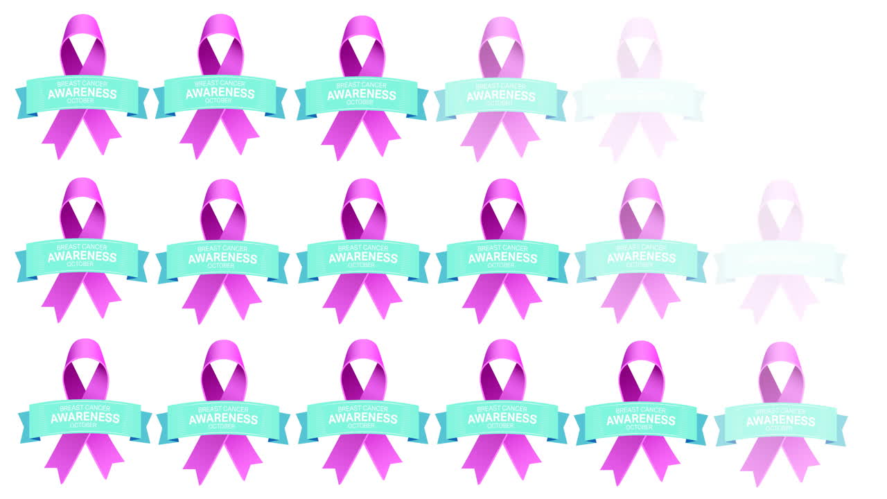 ⁇ 색 배경에 나타나는 여러 개의 분홍색 리본 로고와 유방암 텍스트의 애니메이션