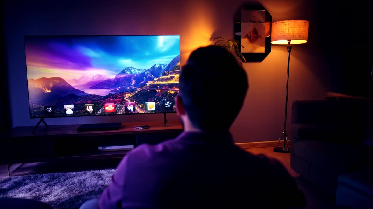 Person Watching Smart TV in a Cozy Dark Living Room