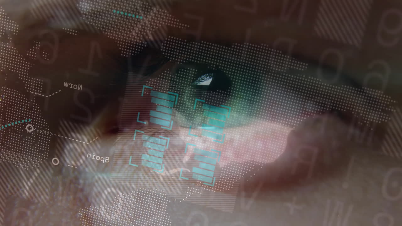 Biometric eye scanning map overlay while displaying holographic bar charts and alphanumeric codes