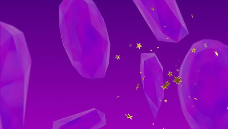 floating purple crystals and golden stars creating animation on vibrant background