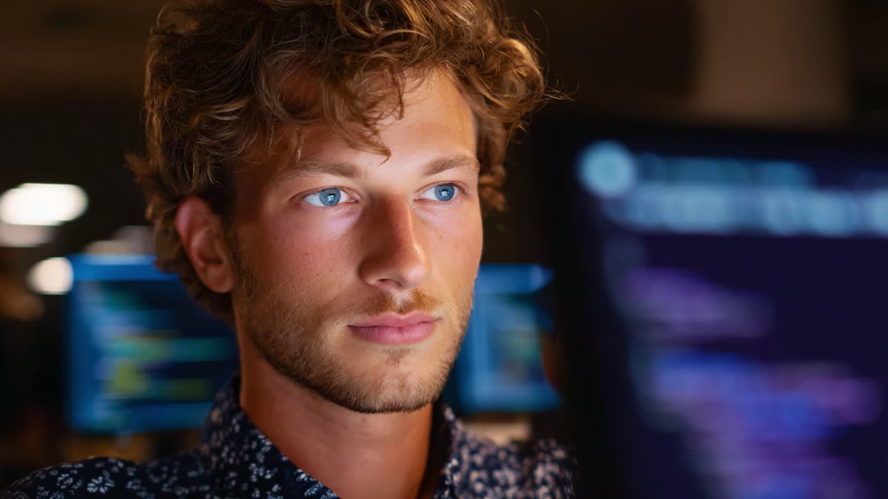Giovane uomo concentrato che lavora intensamente su computer con codice e testo di programmazione in un ambiente scarsamente illuminato, mostrando competenze e perizia digitali
