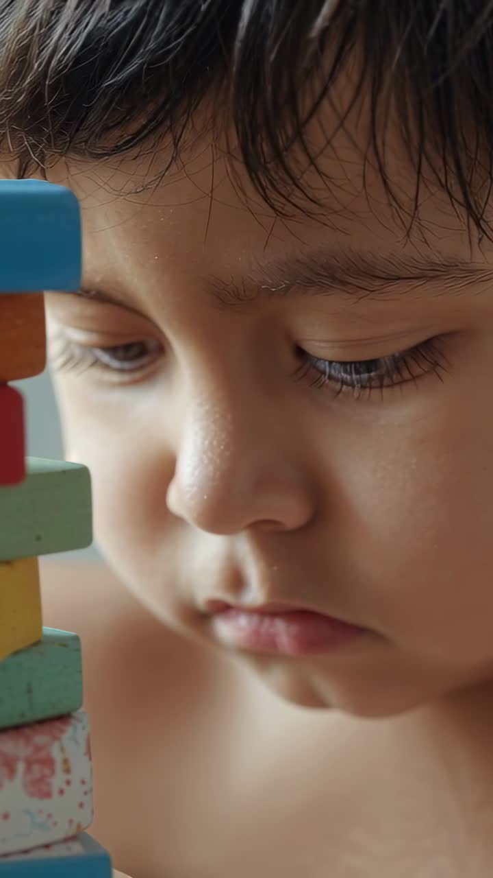 Video verticale: Sguardo fisso sulla torre a casa, bambino a torso nudo che posiziona blocchi di legno per mantenere in piedi la torre
