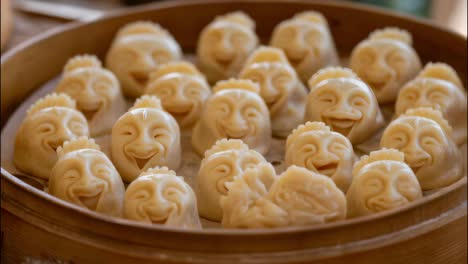 smiling chicken shaped dumplings nestled inside a bamboo steamer, showcasing a delightful and creative culinary art form that celebrates the joy of asian cuisine