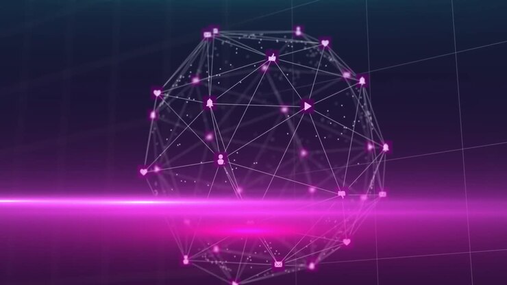 Animation of network of connections forming spinning globe moving in seamless loop