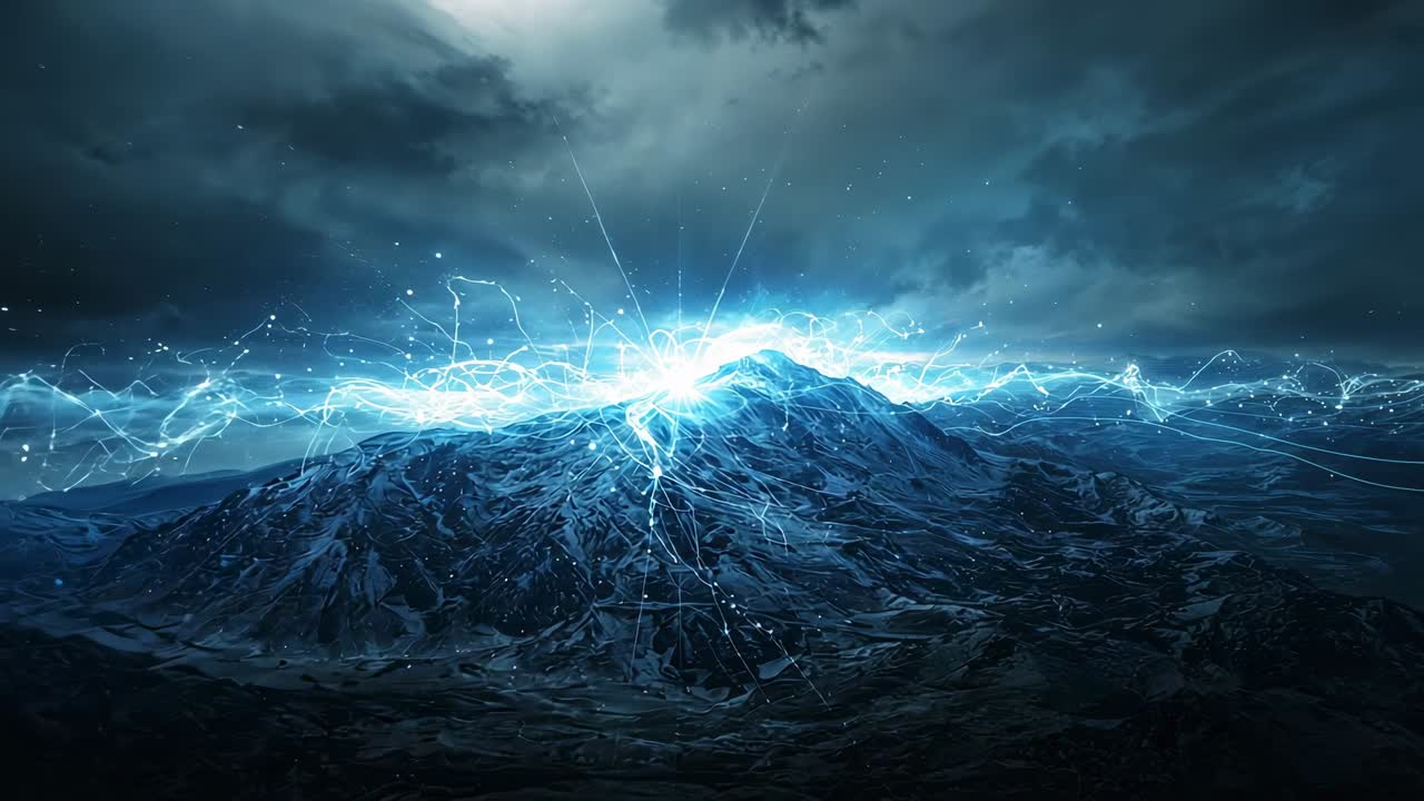 Erupting electric-blue glow sending tendrils across remote rocky mountain peak, energy surge