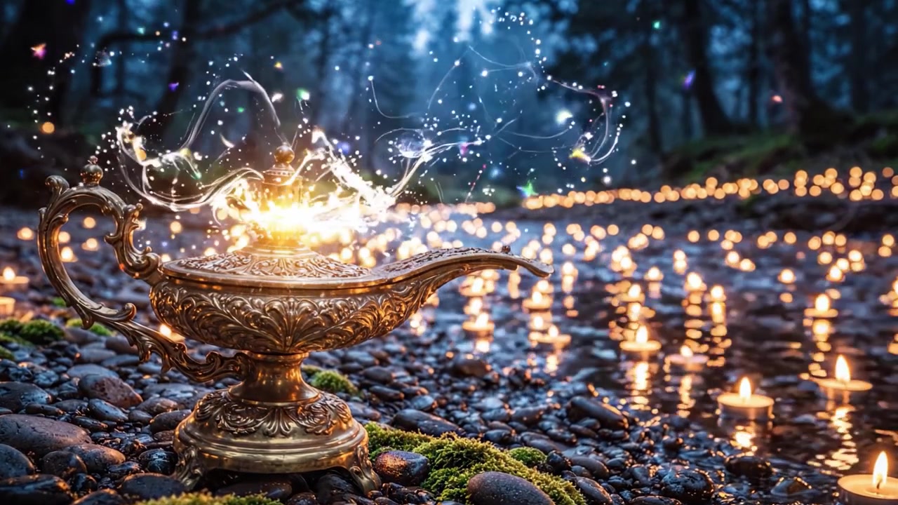Lampu Kuningan Mistis yang Diterangi Lilin Menyala di Samping Aliran Sungai Damai di Hutan Ajaib Saat Senja, Menangkap Pesona dan Keajaiban