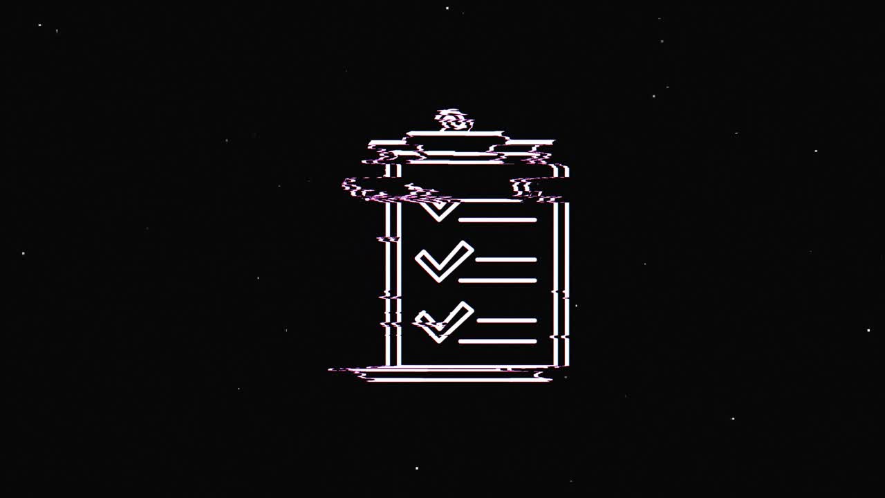 Line clipboard check mark hud holographic symbol on digital old tv screen seamless loop glitch animation. Hearts. Dynamic retro and joyful. Colorful and vintage video footage.