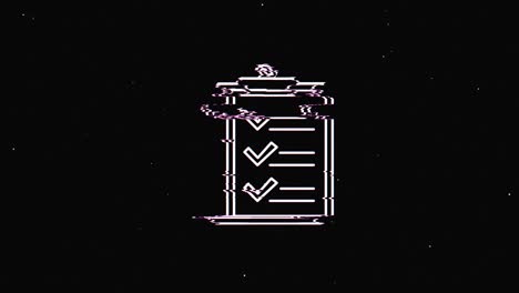 línea clipboard marca de verificación hud símbolo holográfico en pantalla de televisión digital vieja animación de glitch de bucle sin costuras. corazones. retro dinámico y alegre. imágenes de video coloridas y vintage.