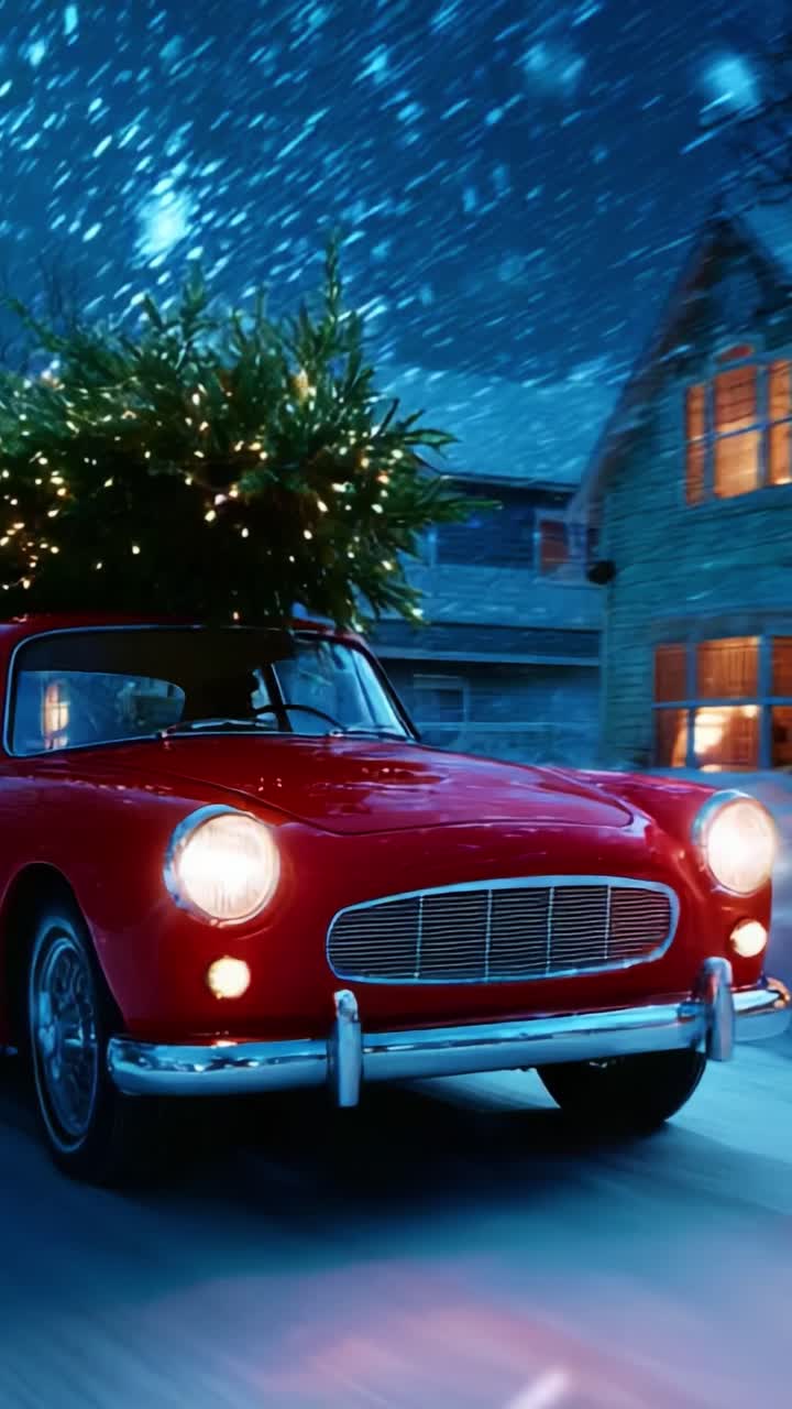 A vintage red car adorned with a festive Christmas tree, twinkling lights, and a joyful holiday spirit in a snowy winter landscape, capturing the essence of seasonal cheer and warm memories