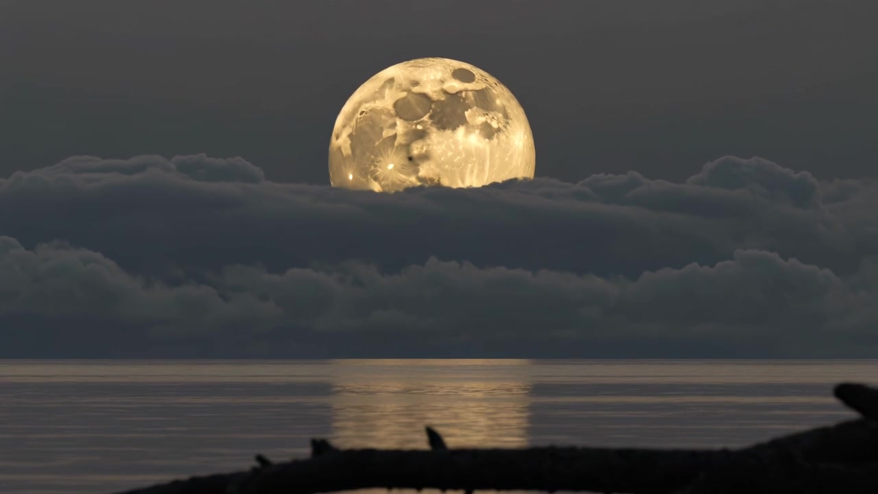 Lua cheia nascente emergindo acima de um banco de nuvens sobre o lago, crepúsculo a cair, troncos flutuantes, pássaros a refletir.