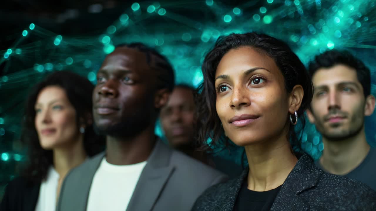A Diverse Group of Individuals Engaged in Thoughtful Reflection, Featuring a Woman in the Foreground, Set Against a Digitally Rendered Background of Connecting Lights and Data Patterns for a Tech-Inspired Atmosphere