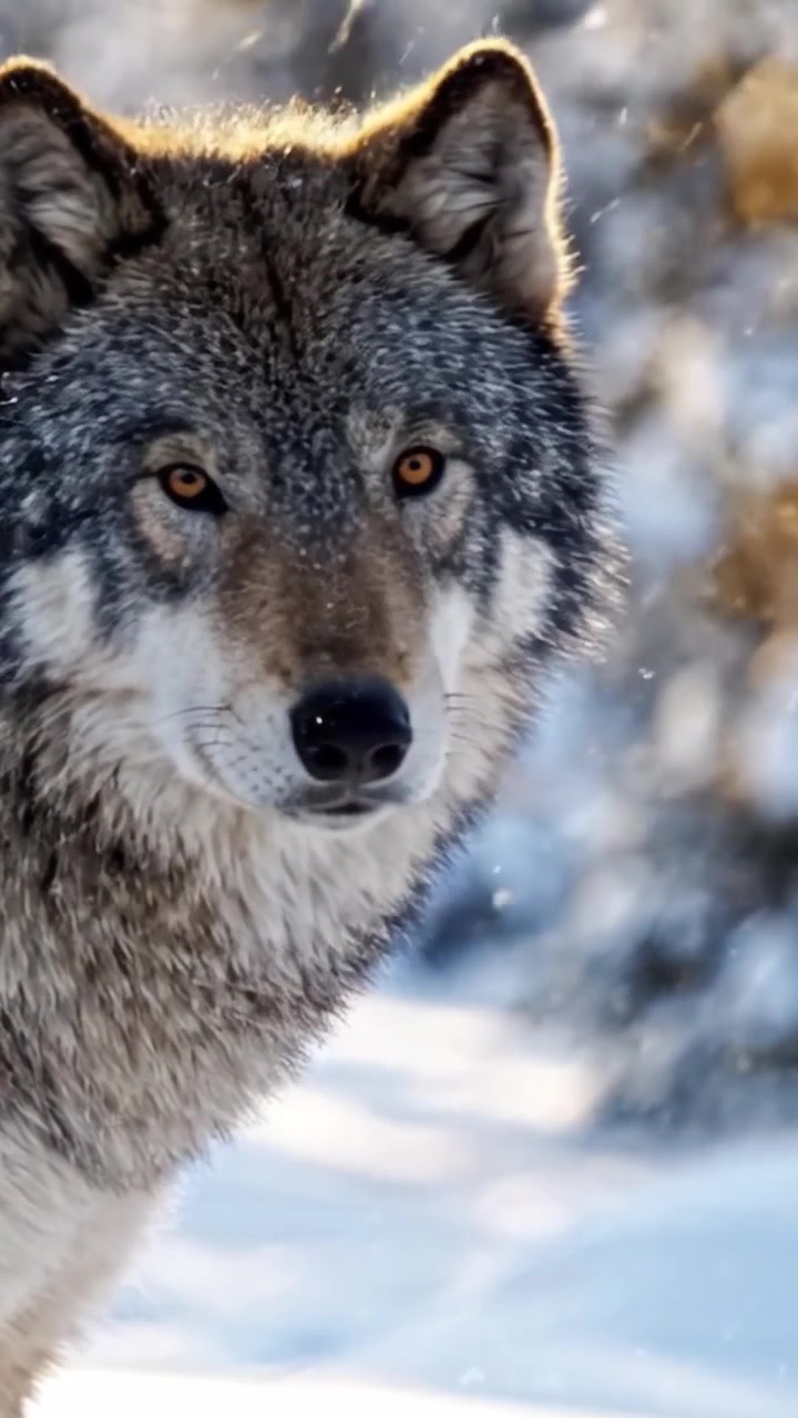 Majestic Wolf in Winter Wonderland: A Close Encounter with Nature's Fierce Predator Amidst Snowy Pines and Glimmering Frosty Landscape