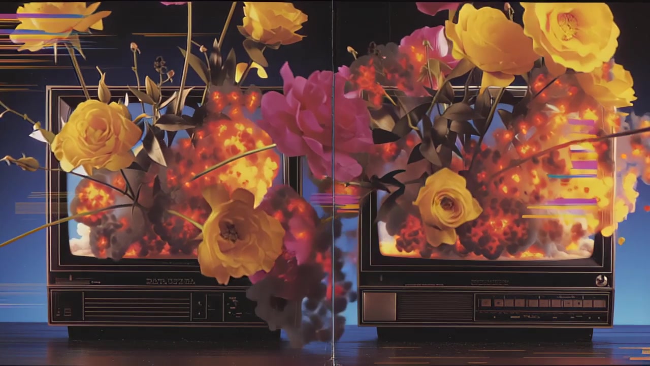 Cinematic footage of retro TV screens surrounded by blooming roses and fiery explosions with drifting smoke, blending nostalgia and fantasy for creative visual design