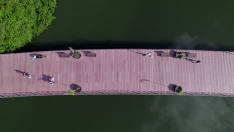 people walking and cycling across a bridge on a lake in tampico