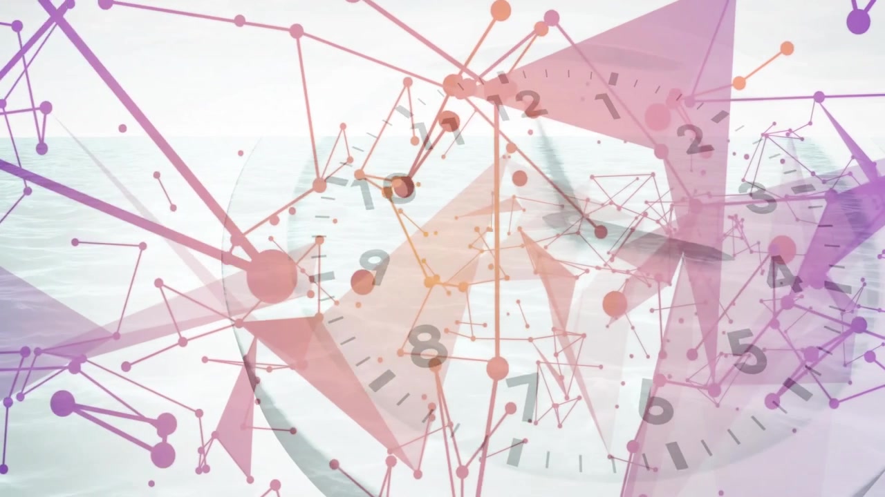 Starting pale gradient, clock emerging, rotating hands, network pulsing, color shift, dissolving