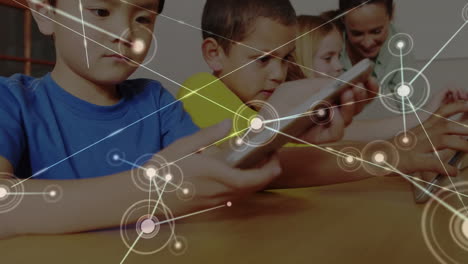 animation of network of connections over teacher and school children using tablets