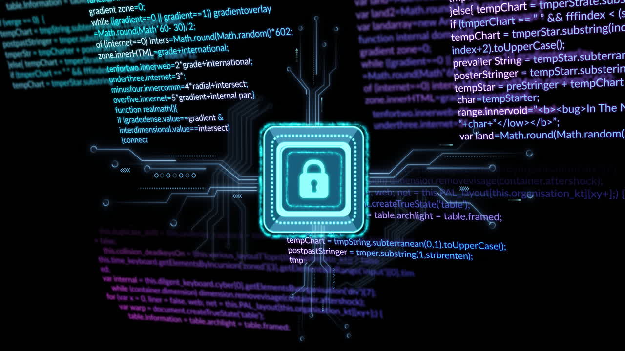Digital lock icon with coding and data processing animation in background