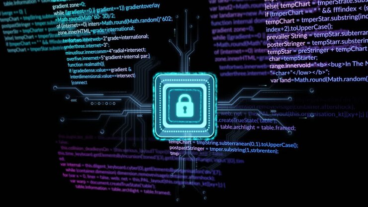 Digital lock icon with coding and data processing animation in background